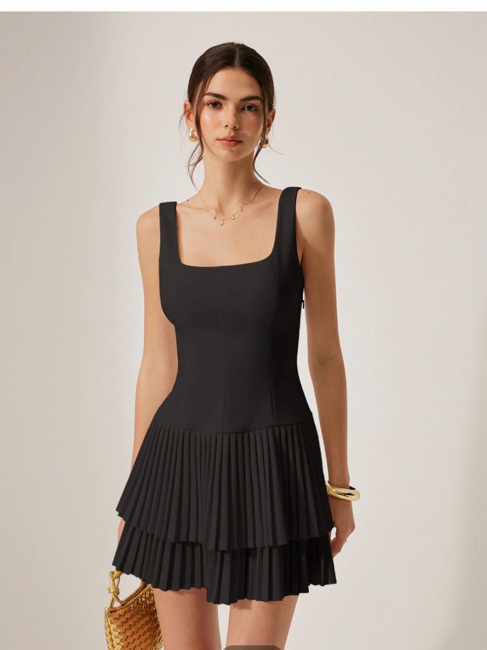 Commense Black Square-Neck Pleated Mini Dress